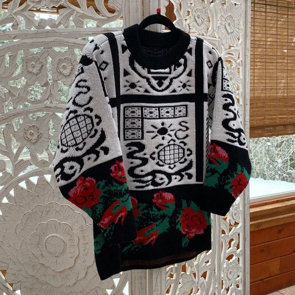Funky 1980s vintage floral knit sweater with a colorful eclectic pattern-Medium - Picture 3 of 12